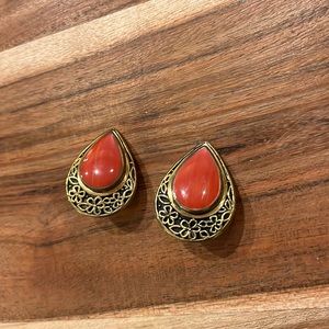 Chico's Gold Floral Embellished & Orange Stone Teardrop Clip On Stud Earrings